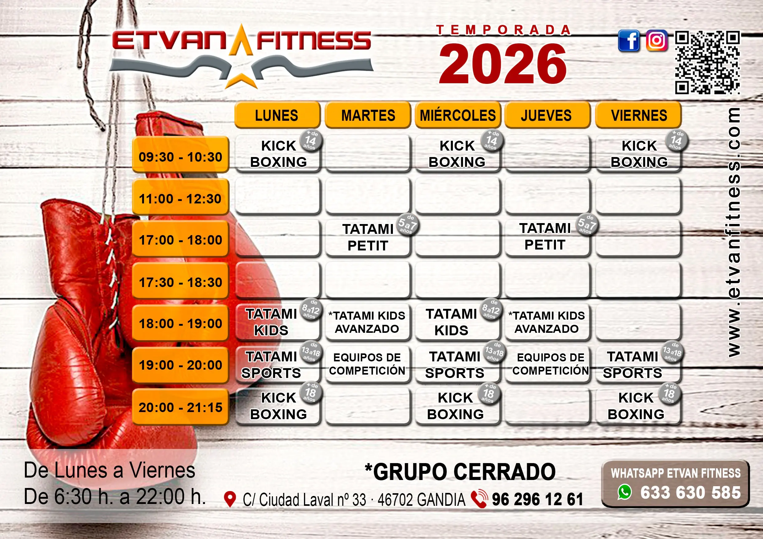 Horario semanal de clases de artes marciales de Etvan Fitness