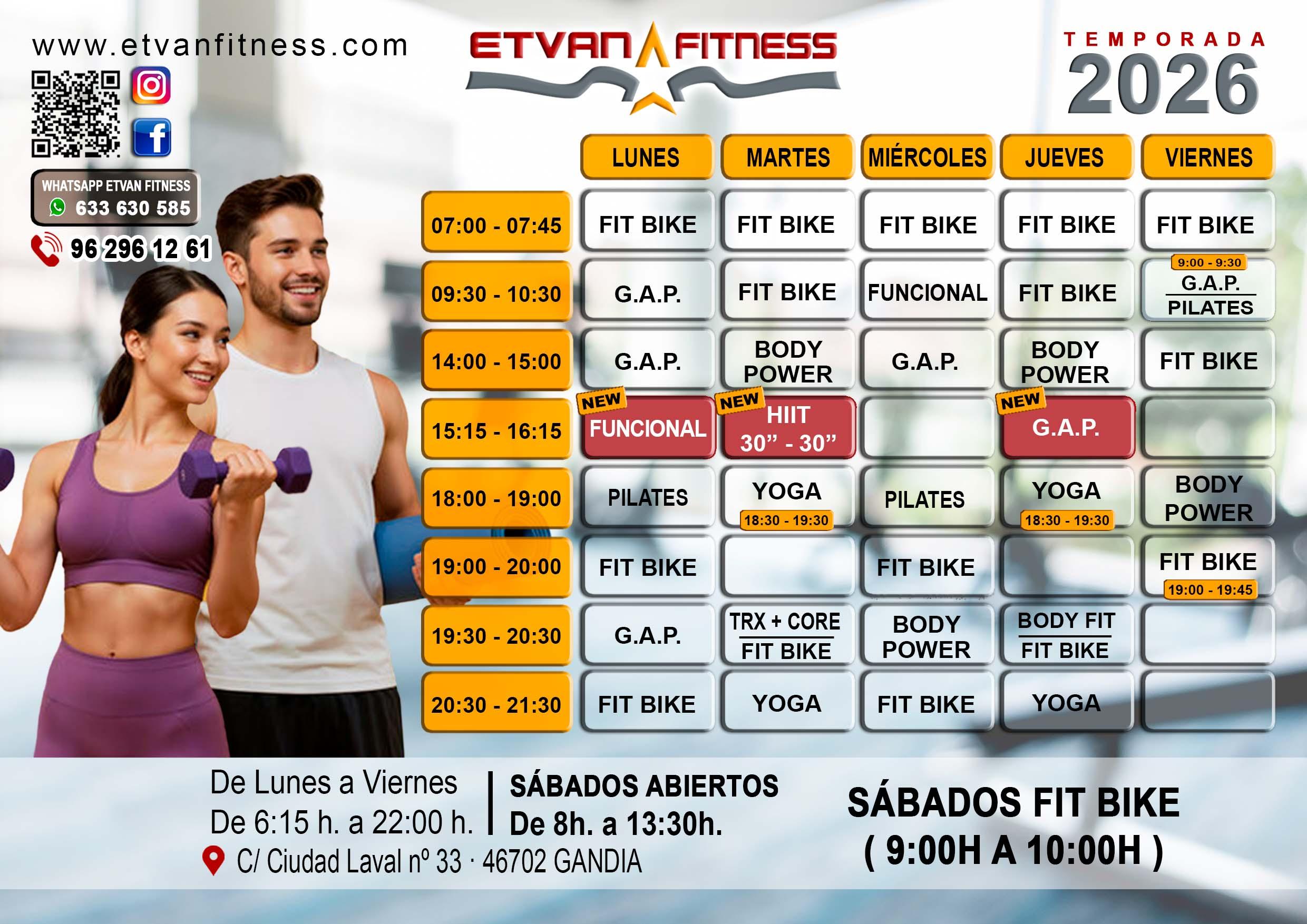 Horario semanal de clases de Etvan Fitness